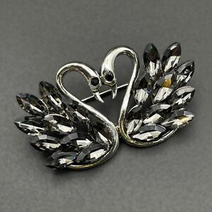 Silver with Gray and Black Onyx Crystal Kissing Swan Duo Pin Back Brooch